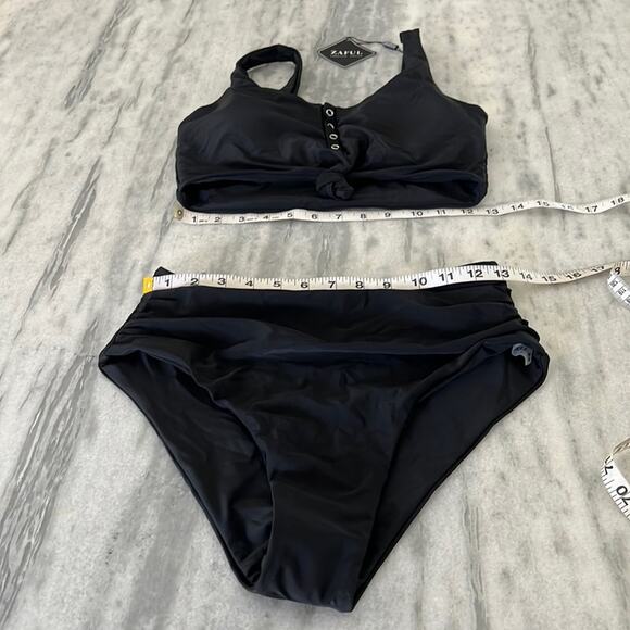 Zaful Black 2 Piece High Waist Swimsuit Bikini NWT Woman Size Medium Snap Front - Picture 8 of 11